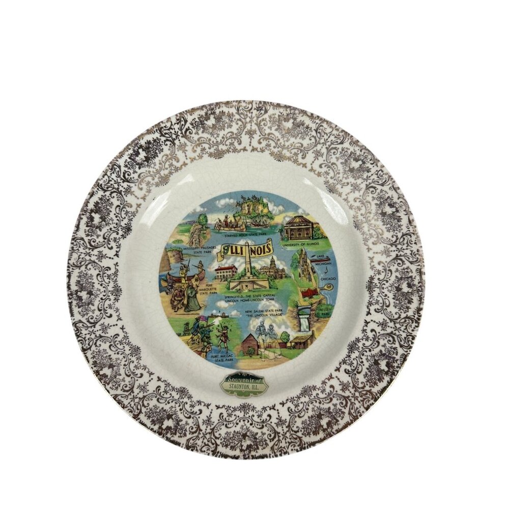 Vintage Souvenir Illinois Decorative Plate Staunton Landmarks Scenes
